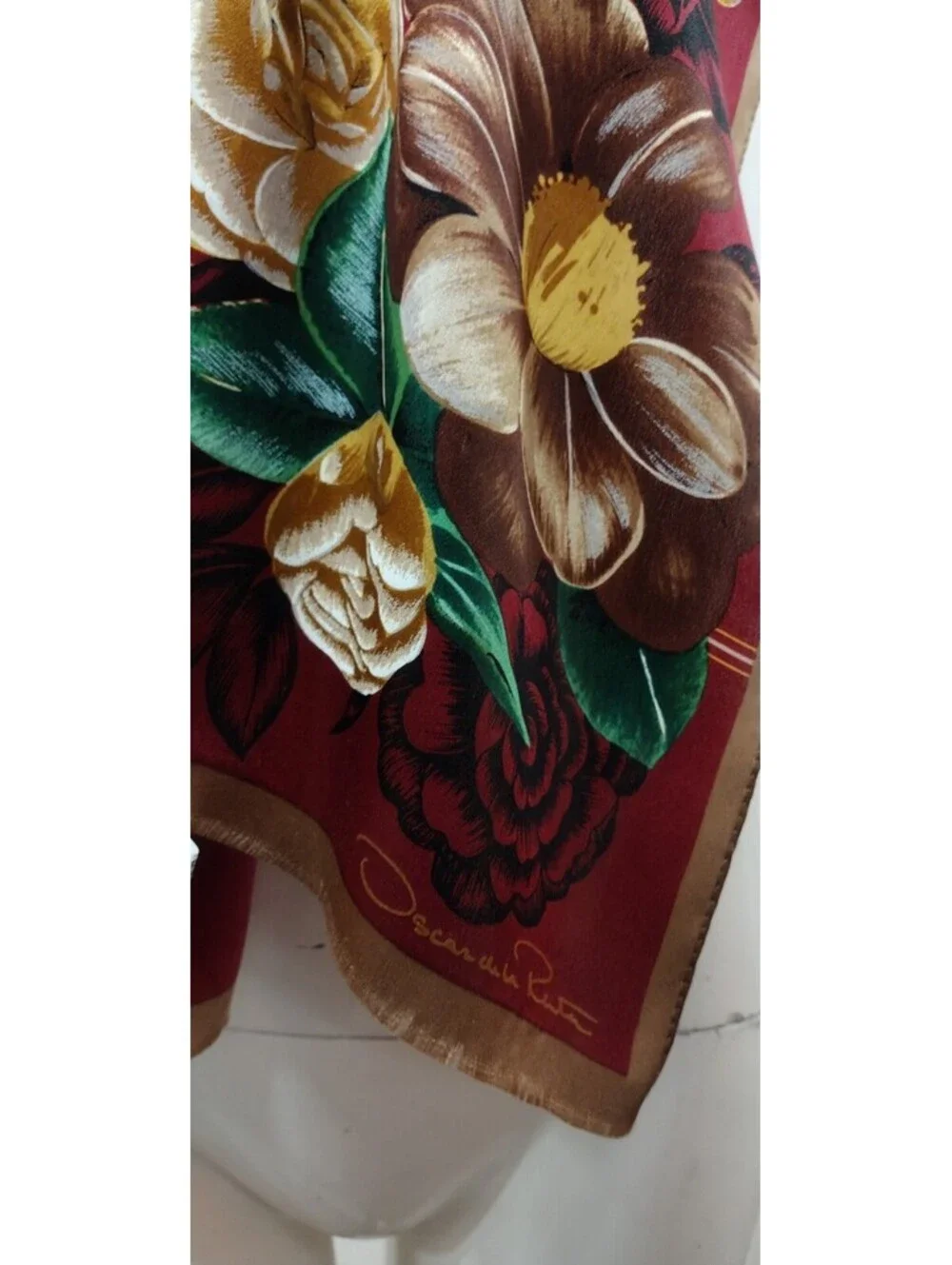 Oscar De La Renta Brown Gold All Silk Long Scarf Roses Bohemian Victorian Style
